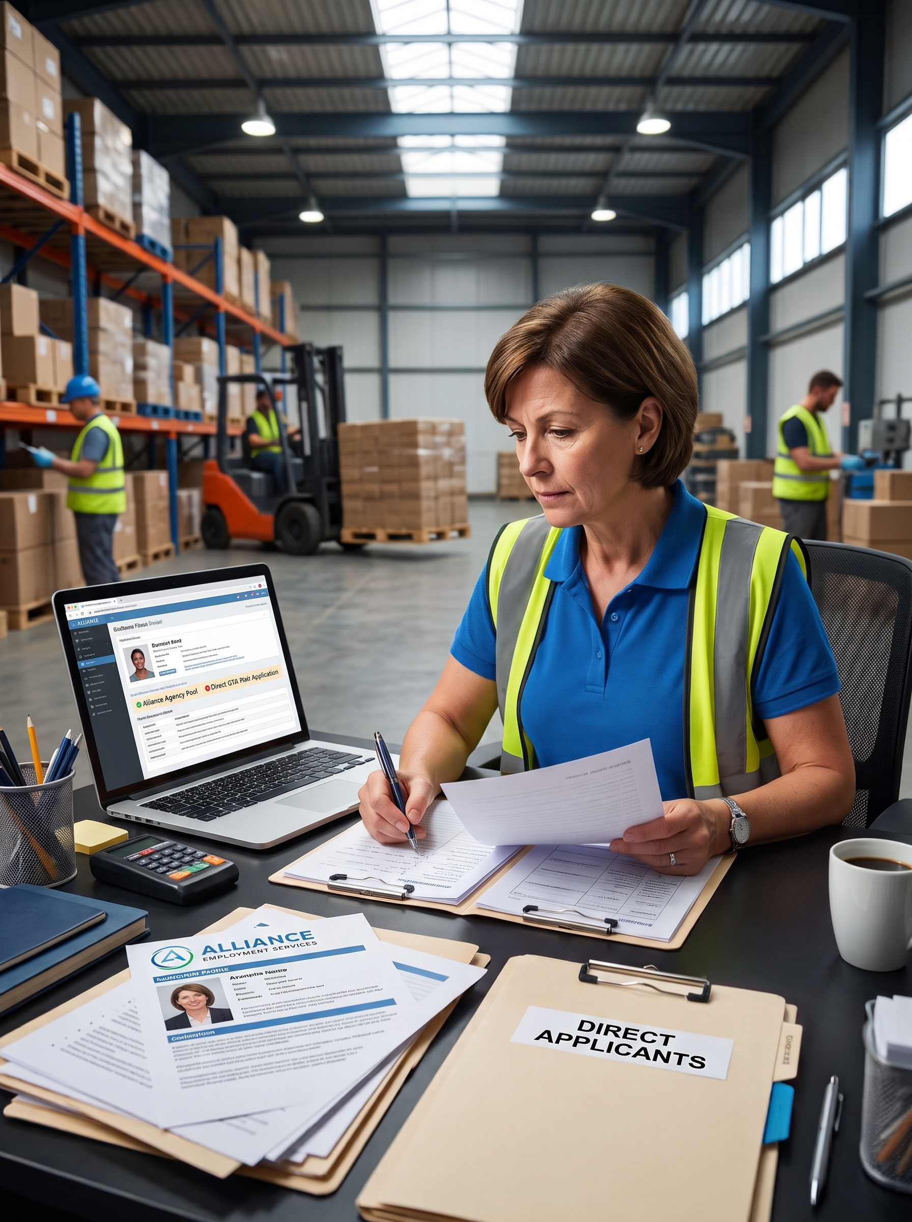Hiring manager at a Mississauga warehouse reviewing a staffing agency candidate who had already applied directly for a GTA industrial role