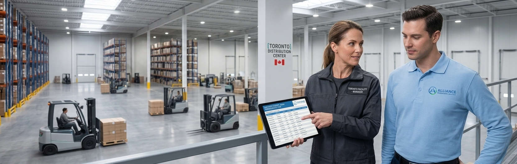 A supervisor and a staffing account manager reviewing a shift roster on the floor of a GTA distribution facility.
