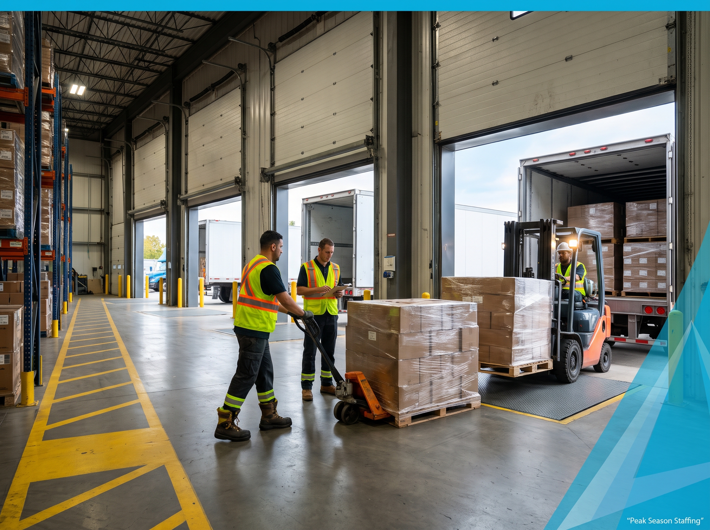 Seasonal warehouse workers loading pallets at a distribution centre dock in Brampton, Peel Region, during the GTA peak shipping season